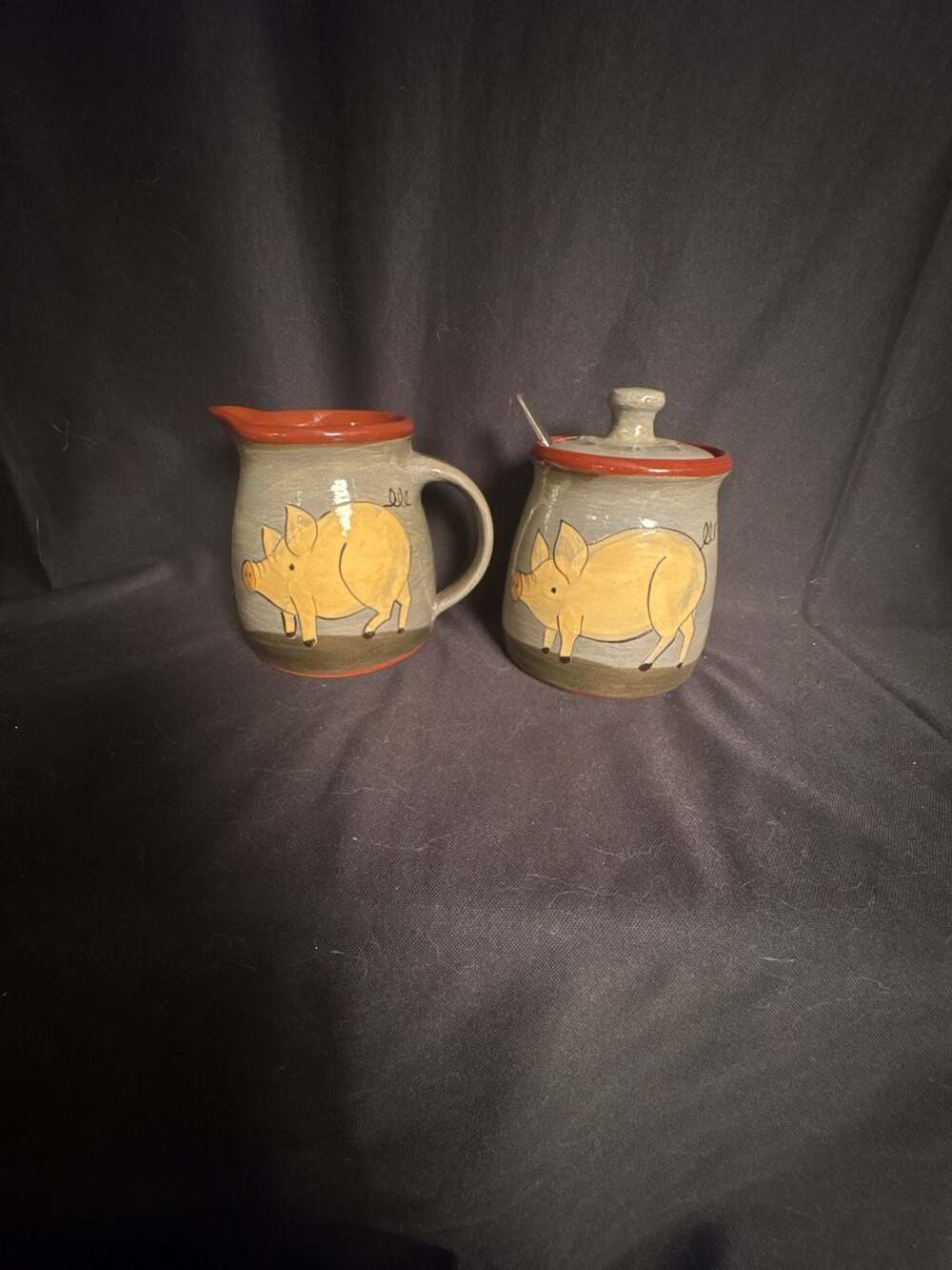 Handpainted Ceramic Pig Pitcher and Sugar Bowl Set
